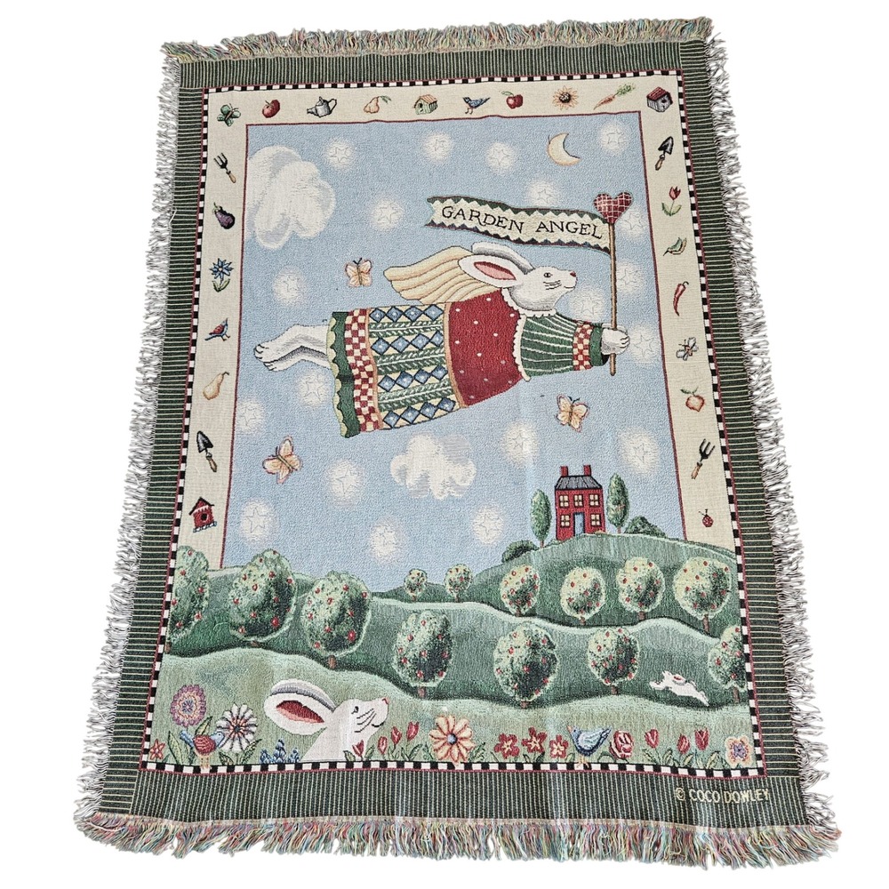 Coco Dowley Garden Angel Woven Tapestry Throw Blanket Bunny Rabbit Folk Art Blue